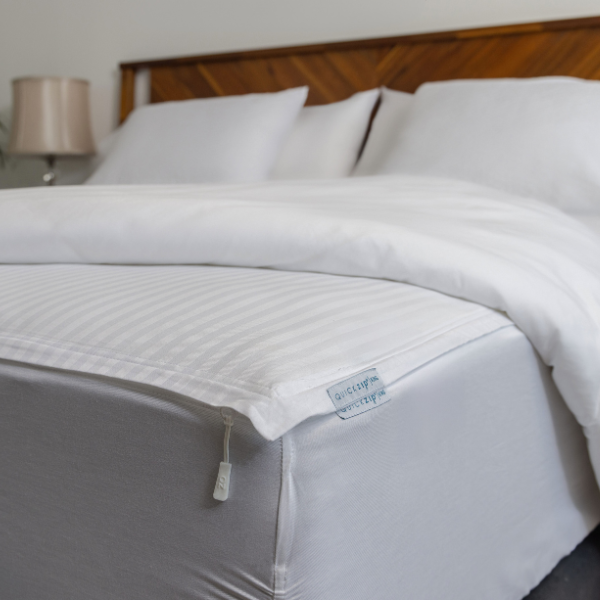 A bed is made up with crisp, smooth white sheets