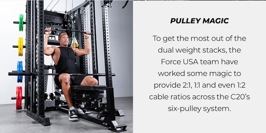 PULLEY MAGIC | To get the most out of the dual weight stacks, the Force USA team have worked some magic to provide 2:1, 1:1 and even 1:2 cable ratios across the C20’s six-pulley system.