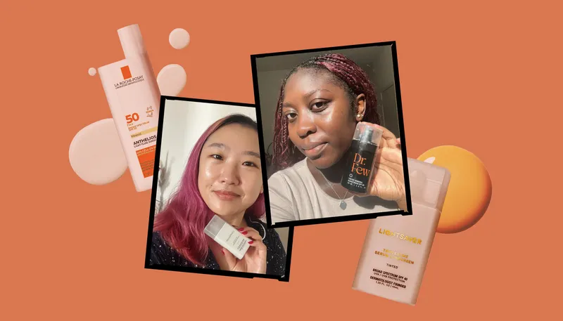 Image contains Allure editors wearing and holding their favorite sunscreens for sensitive skin, surround by other sunscreen products