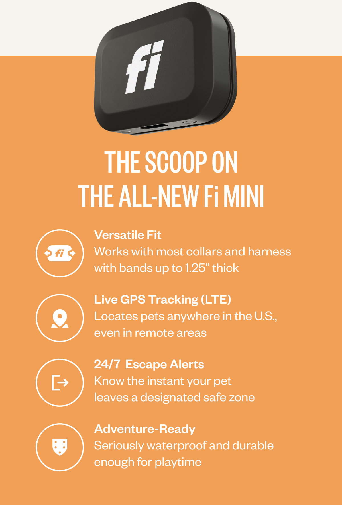 The scoop on the all-new Fi Mini Live GPS tracking Escape alerts Attaches to any collar or harness Activity & sleep tracking Fully waterproof.