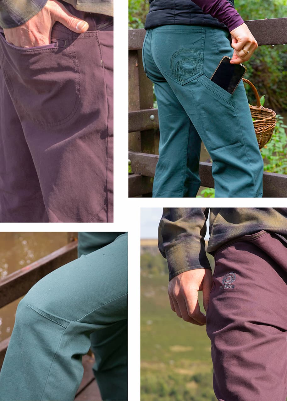 Accessible Description: A collage of close up photos showing the features of our new trousers, including the Margo zipped back pocket, Johnson side pocket, Johnson knee darts and the Margo embroidered 3RD ROCK thigh logo