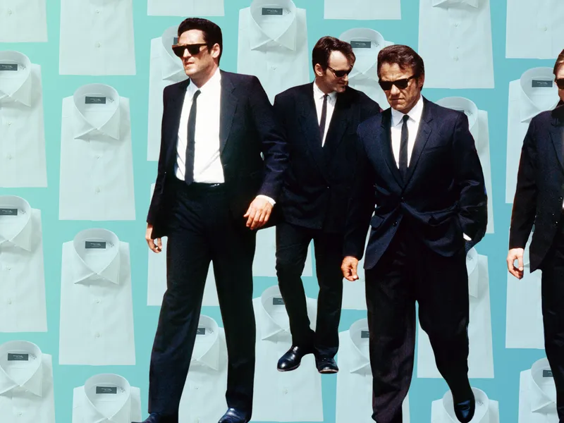 Image may contain: Tim Roth, Harvey Keitel, Michael Madsen, Quentin Tarantino, Clothing, Formal Wear, Suit, Blazer, and Coat