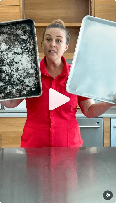 Instagram reel comparing new sheet pans vs a dull darkened pan