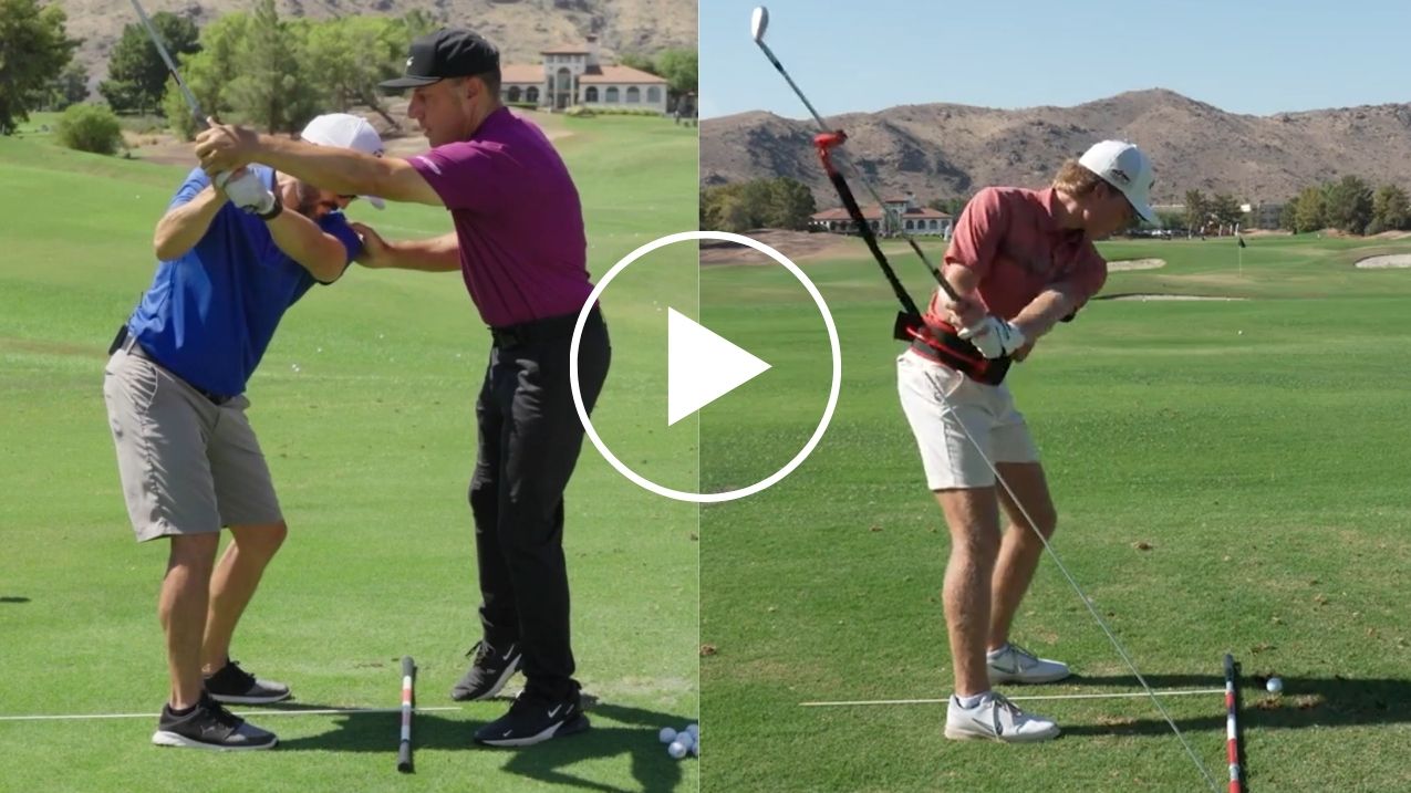 Martin guiding a student side-by-side with golfer using Swing Trainer.