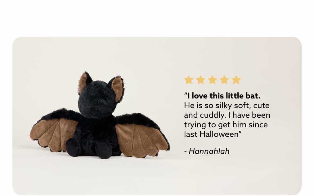Bat Warmies on a beige background. Shop Now.