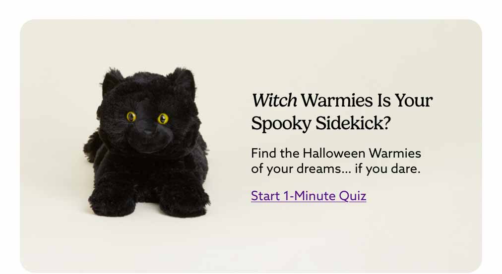 Black Cat Warmies on a beige background. Start 1-Minute Quiz