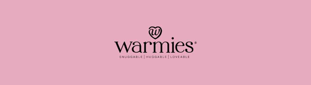 Warmies logo in black against a pink background. Shop Warmies.