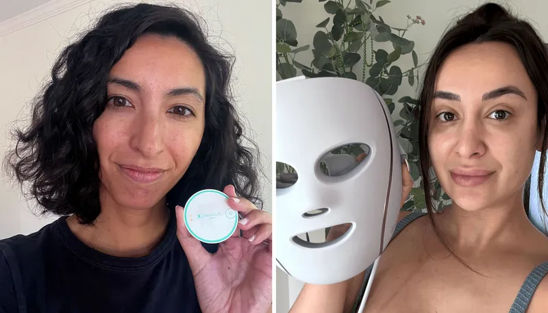 Image contains Allure editors holding LED masks for acne