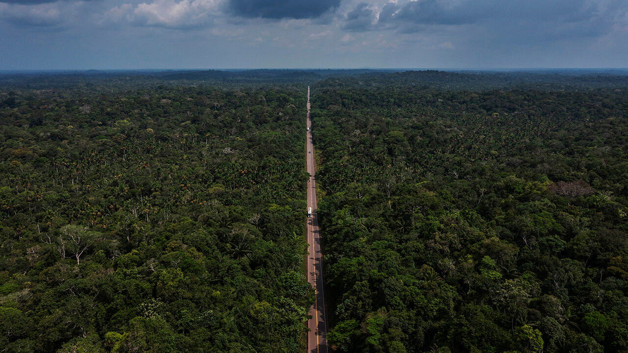 Highway BR-174 which crosses the tree-covered Waimiri Atroari Indigenous Land in Amazonas, Brazil