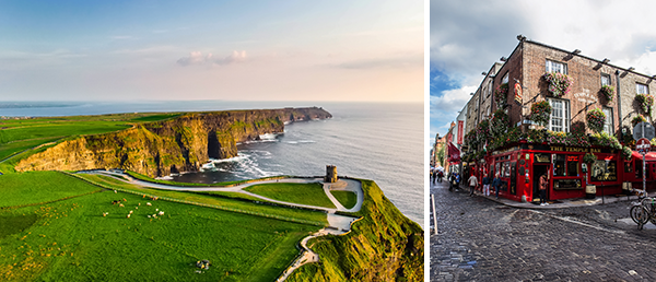 Bildcollage: Blick auf die Küste Irlands und die Klippen von Moher und Temple Bar in Dublin.