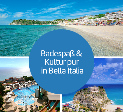 Bildcollage: Strand von Ricadi auf Kalabrien, Blick auf die Hotelpools aus der Vogelperspektive mit dem Meer und Palast auf einem Hügel von Tropea mit Meer. Kreisgrafik mit Text: Badespaß & Kultur pur in Bella Italia.