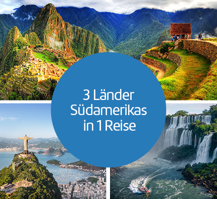 Bildcollage: Blick auf die Ruinen von Machu Picchu, Christusstaue in Rio de Janeiro und die gewaltigen Iguazú-Wasserfälle.