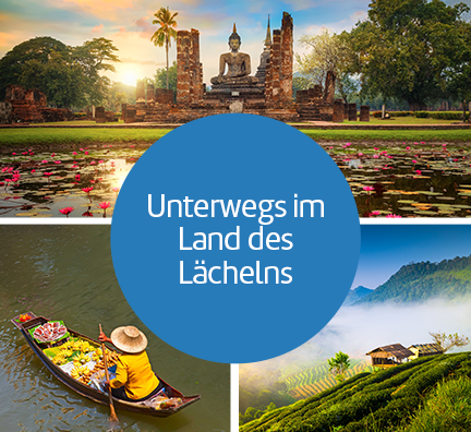 Bildcollage: Steinerner Buddha vor Seerosensee in Sukhothai, Boot mit Bananen von einem schwimmenden Markt und Reisfelder mit Haus.