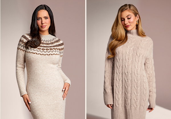 image of a model in a sweater dress with a winter pattern and high round neckline
