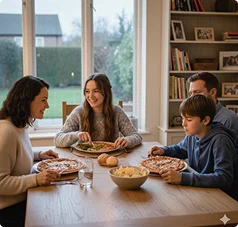 Photo of a family smiling as they sit together for dinner.