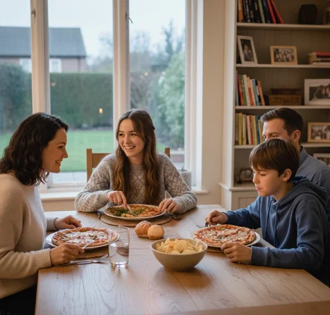 Photo of a family smiling as they sit together for dinner.
