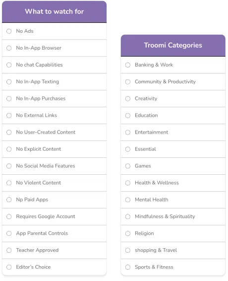 Screenshot of parental tools that manage the Troomi App Store.