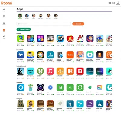 Screenshot of the Troomi App Store in the Parent Portal