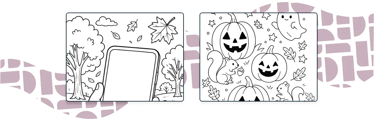 Screenshots of two fall-themed coloring pages for kids.