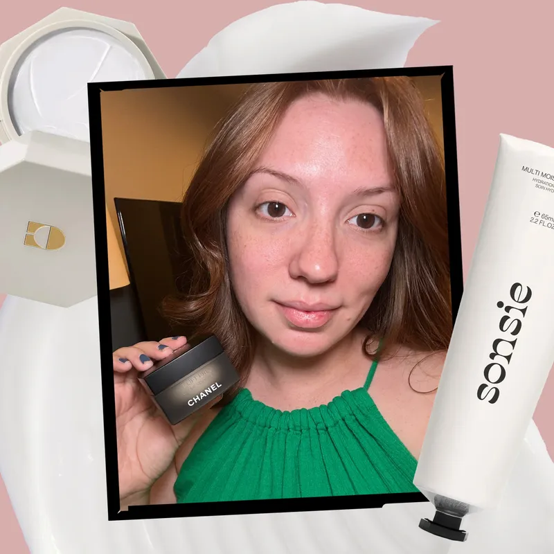 night cream with editor selfie on pink background