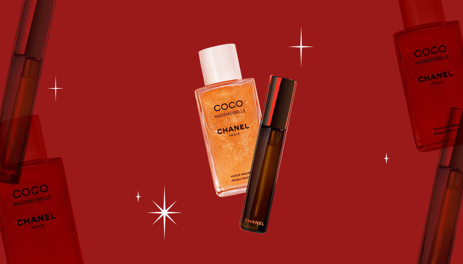 3 cosmetic items overlapping on a dark red background with white sparkles