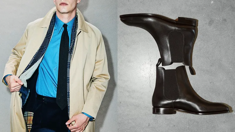 Diptych collage of a model wearing work clothes and of a pair of boots arranged on the floor.