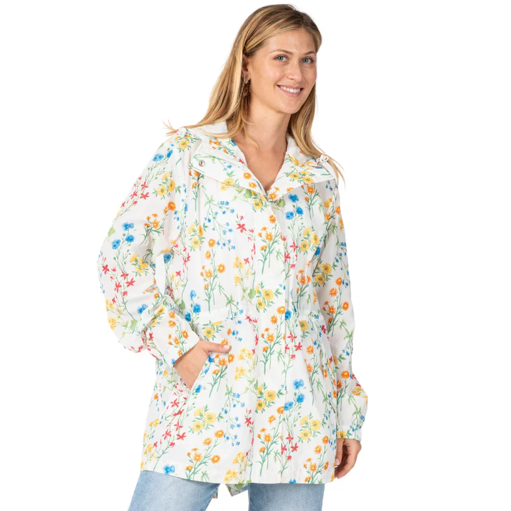 White Floral Hooded Drawstring Raincoat