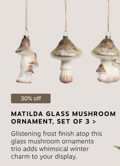 30% off: MATILDA GLASS MUSHROOM ORNAMENT, SET OF 3 > Glistening frost finish atop this glass mushroom ornaments trio adds whimsical winter charm to your display.