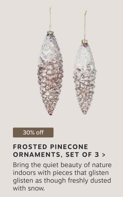 30% off: FROSTED PINECONE ORNAMENTS, set of 3 > Bring the quiet beauty of nature indoors with pieces that glisten glisten as though freshly dusted with snow.