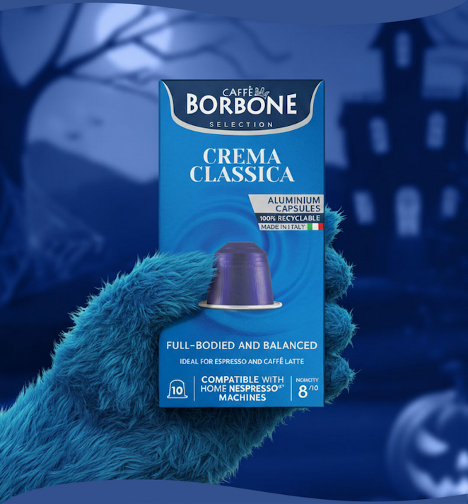 Monster holding capsules for Caffe Borbone Halloween BOGO 50% OFF