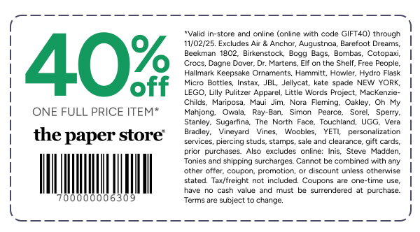 40% off one full price item* coupon