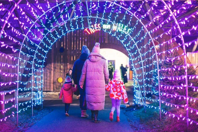 family walking into the tales from wales lightshow