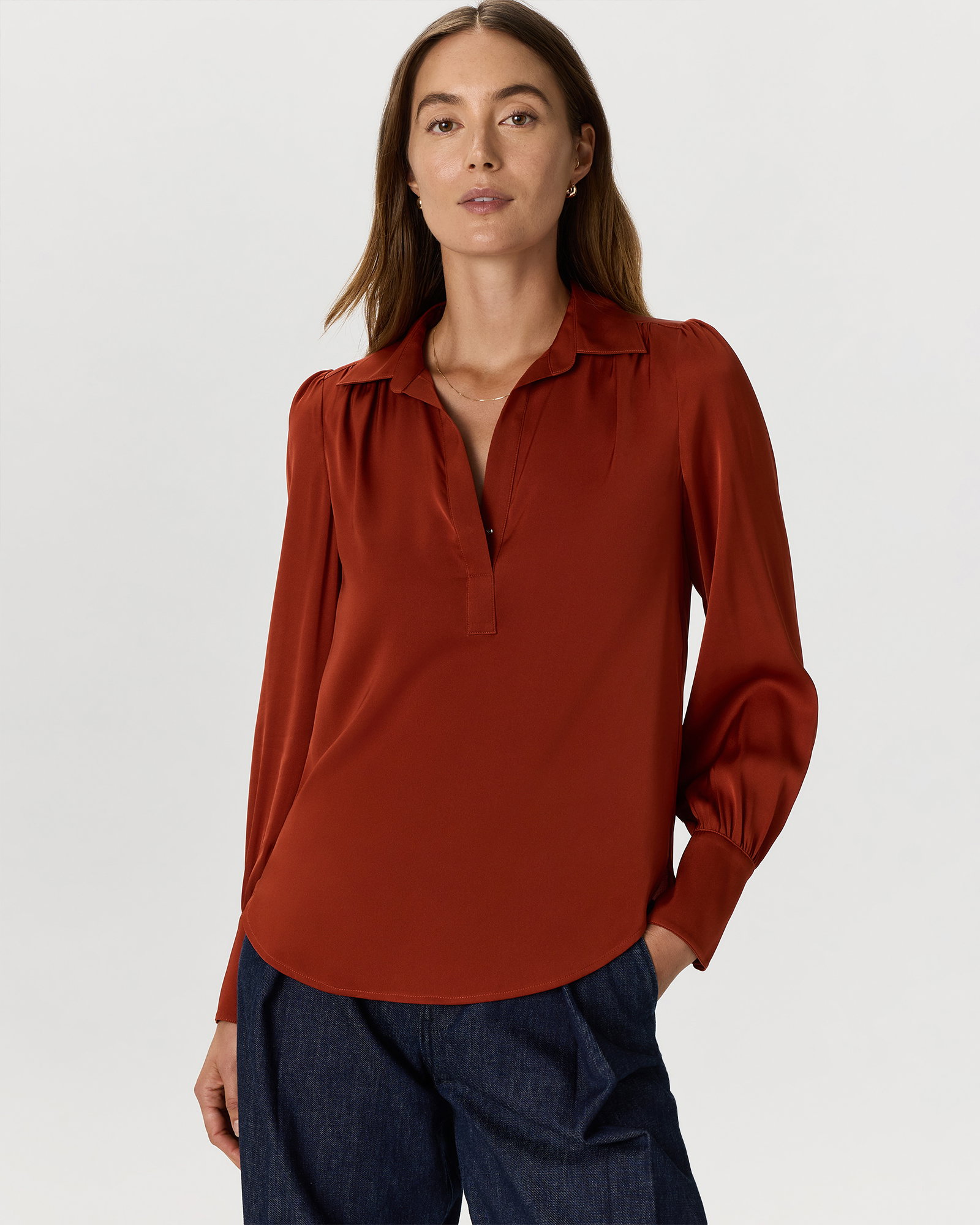 Washable Stretch Silk Split Neck Blouse 