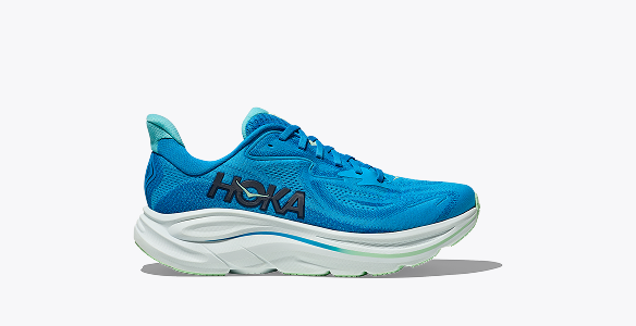 A side profile shot of the Clifton 10 in Hoka Blue / Skyward Blue.