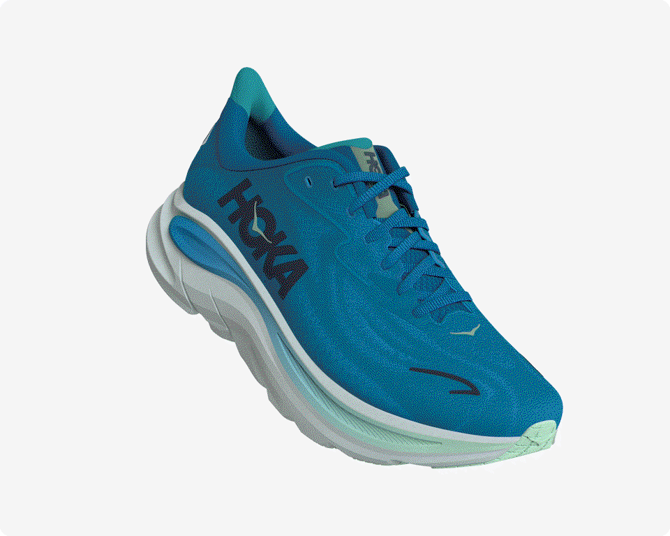 A GIF of an image of the HOKA Clifton 10 shoe rotating to show all angles of the shoe.