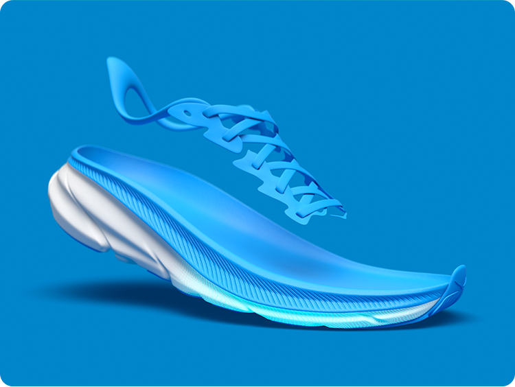 A 3D technological image of a HOKA shoe showing the different layers and innovative features