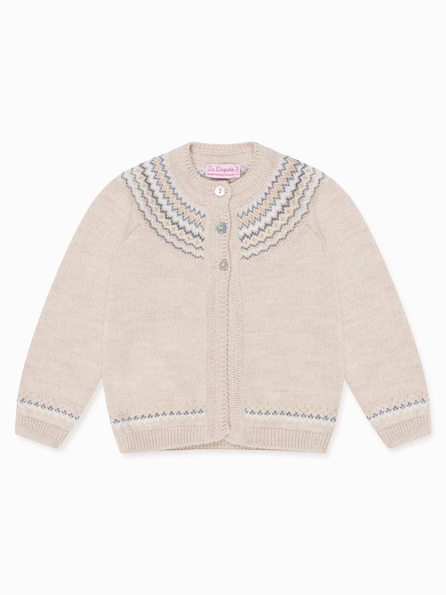 Image of Oatmeal Melange Lucino Merino Fair Isle Baby Cardigan