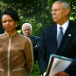 Former Vice President Dick Cheney stands at the Rose Garden behind Condoleezza Rice, Colin Powell, and Donald Rumsfeld.