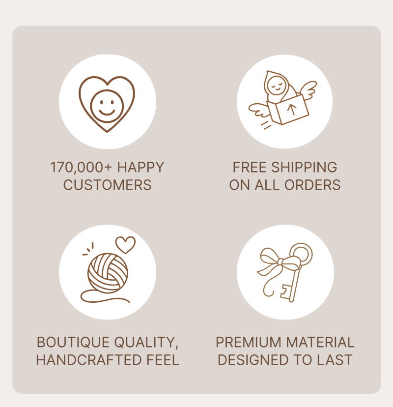 Grid of four icons highlighting product features: a heart with a smiling face representing customer satisfaction, a winged figure with a box indicating shipping, a ball of yarn symbolizing handcrafted quality, and a ribbon-tied key denoting durable materials.