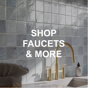 Caption: SHOP FAUCETS & MORE. Close-up of gold faucet.