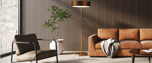 Living room close-up of light blonde acoustic wood wall panels.