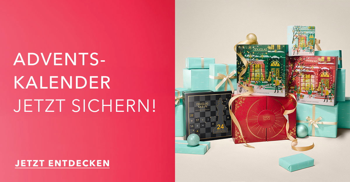 „Werbung für Douglas Adventskalender: Mehrere bunte Kosmetik-Adventskalender vor beigem Hintergrund. Text: ‘Adventskalender jetzt sichern!’ mit Button ‘Jetzt entdecken’.“