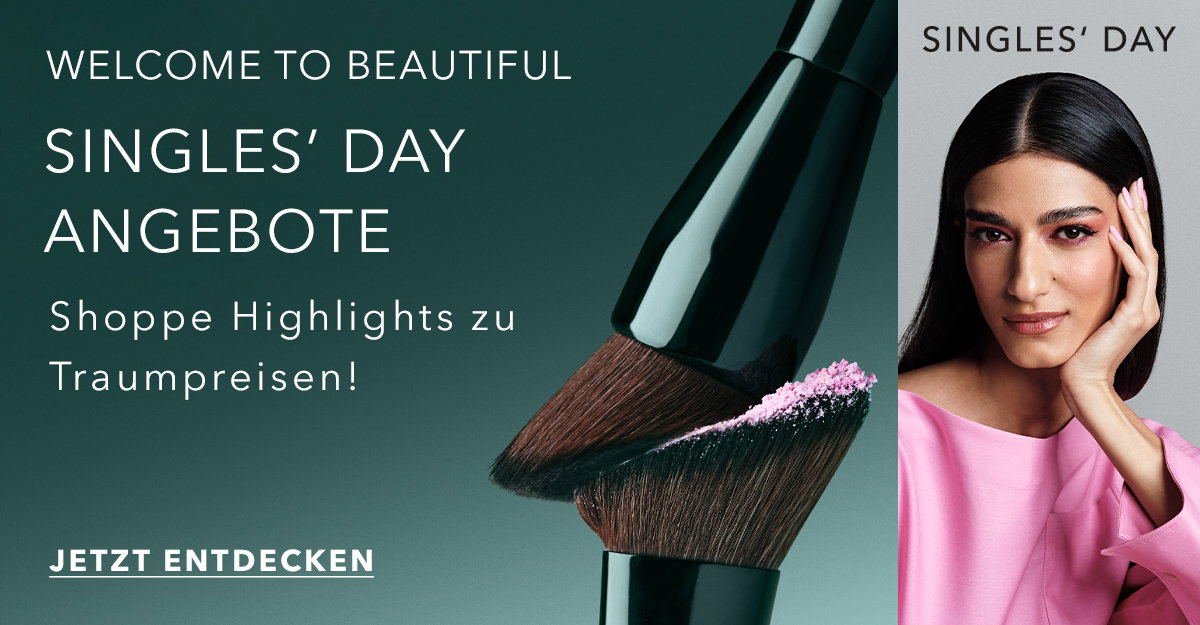 „Werbung für Singles’ Day Angebote bei Douglas: Make-up-Pinsel und eine Frau in rosa Pullover. Text: ‘Welcome to beautiful Singles’ Day Angebote – Shoppe Highlights zu Traumpreisen!’ mit Button ‘Jetzt entdecken’.“