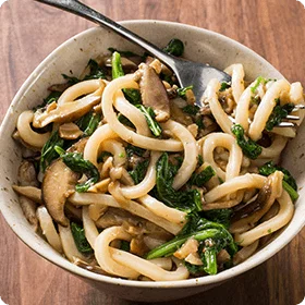 Vegan Udon Noodles with Mustard Greens and Shiitake-Ginger Sauce