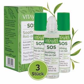 SOS Teebaumöl Roller, Vitamin B5, gegen Akne flecken, Kratzer, Hautentzündungen, beruhigender Roll-on Stift 3 Stück 30 ml