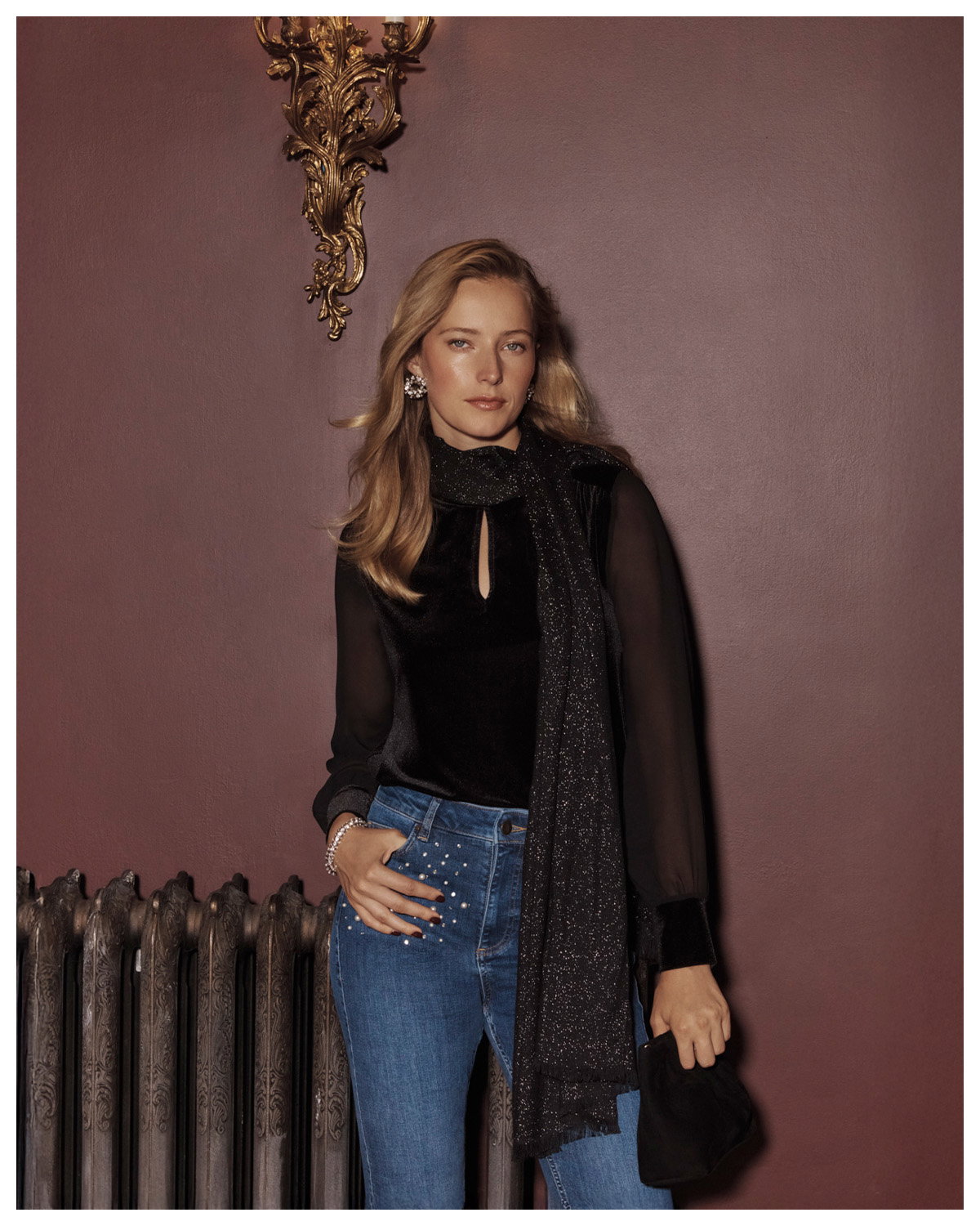 Lorelai Velvet High Neck Sheer Sleeve Top