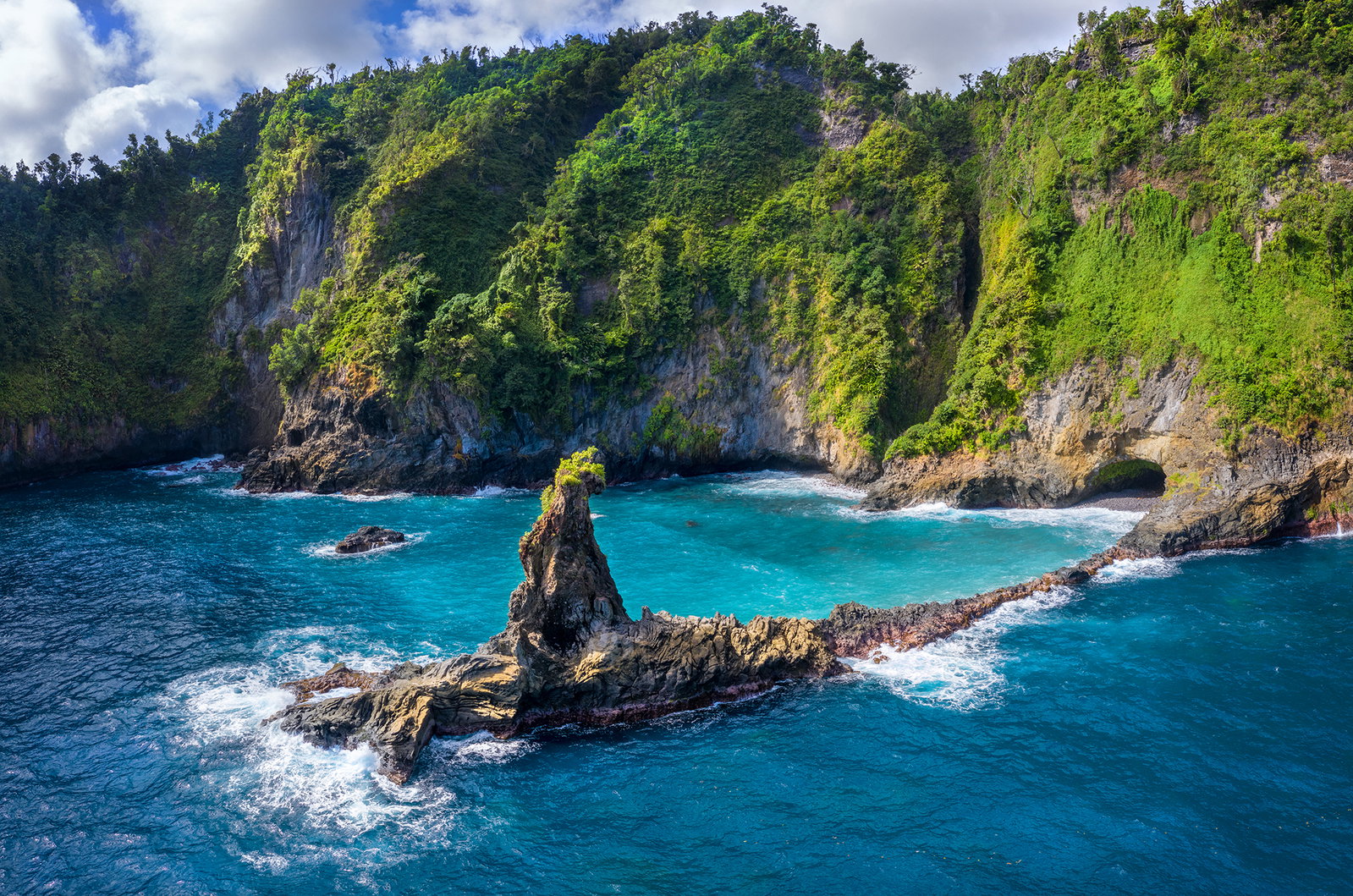Glassy Point, East Coast of Dominica, West Indies. A picturesque area popular with visitors. December 2019. Drone photo. Stitched panorama.