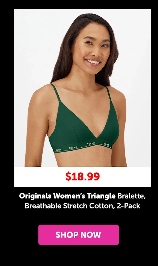 Originals Women’s Triangle Bralette, Breathable Stretch Cotton, 2-Pack