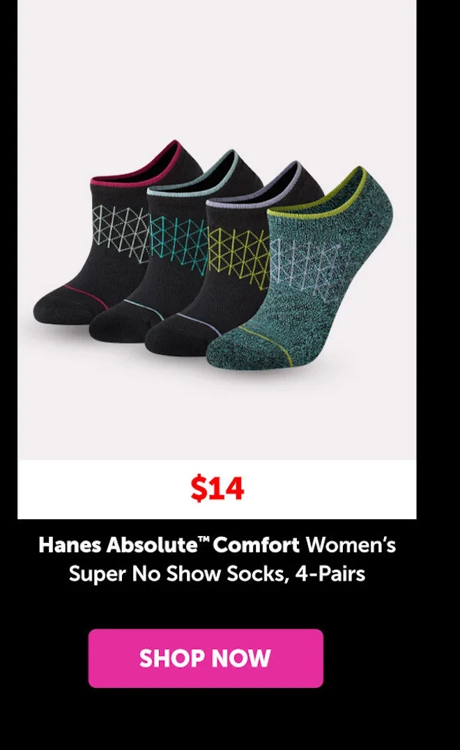 Hanes Absolute Comfort Women’s Super No Show Socks, 4-Pairs