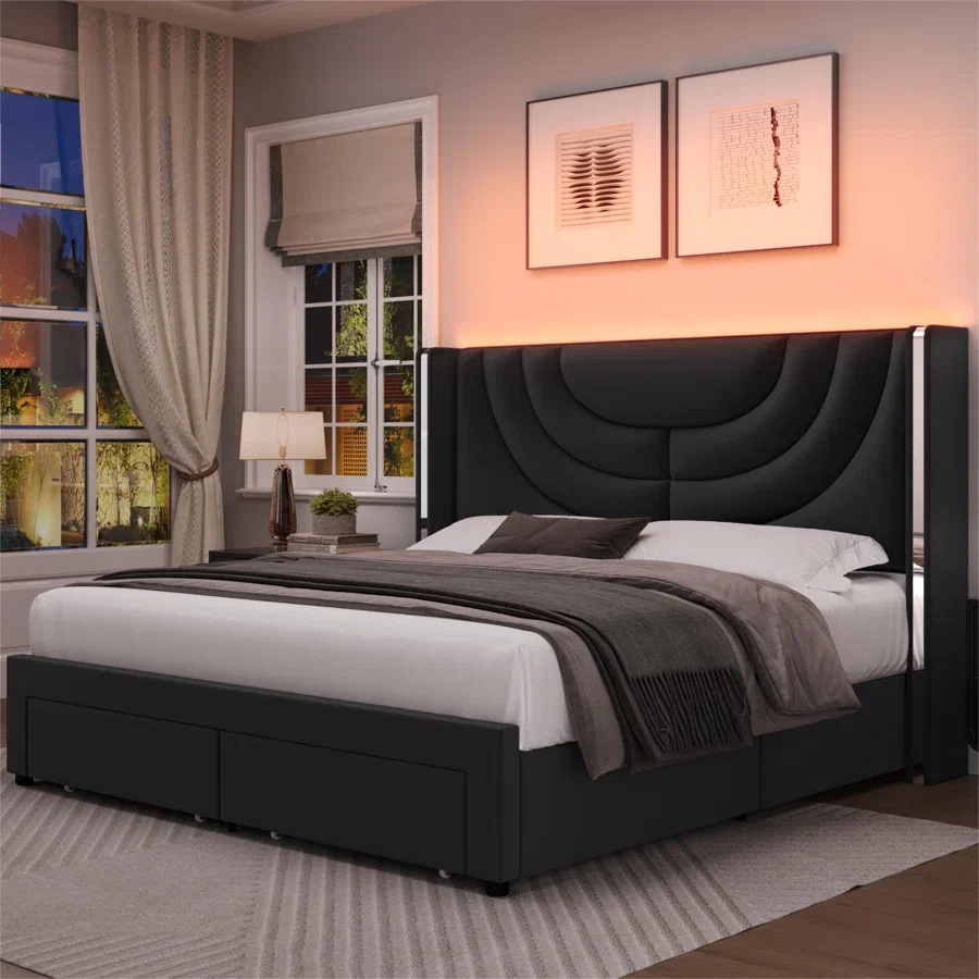Sturminster Velvet Wingback Upholstered LED Light 2 Drawer Storage Bed